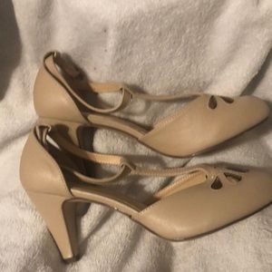 Nude t strap heels